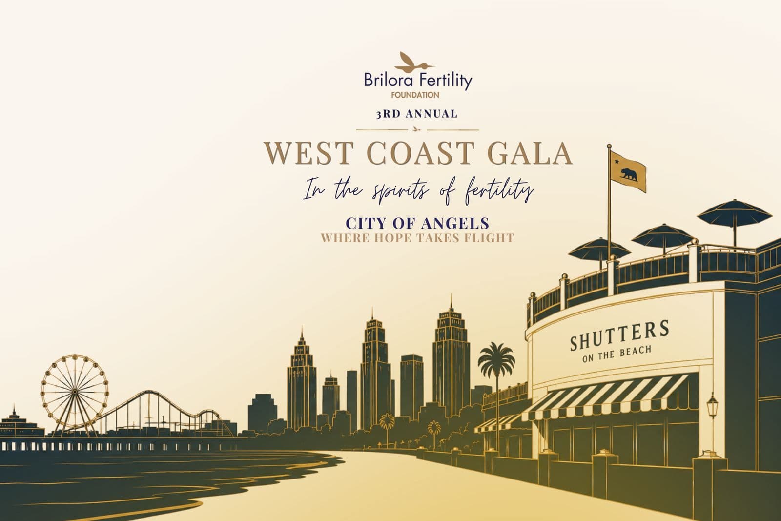 West Coast Gala artwork: the Los Angeles skyline and Shutters on the Beach in gold